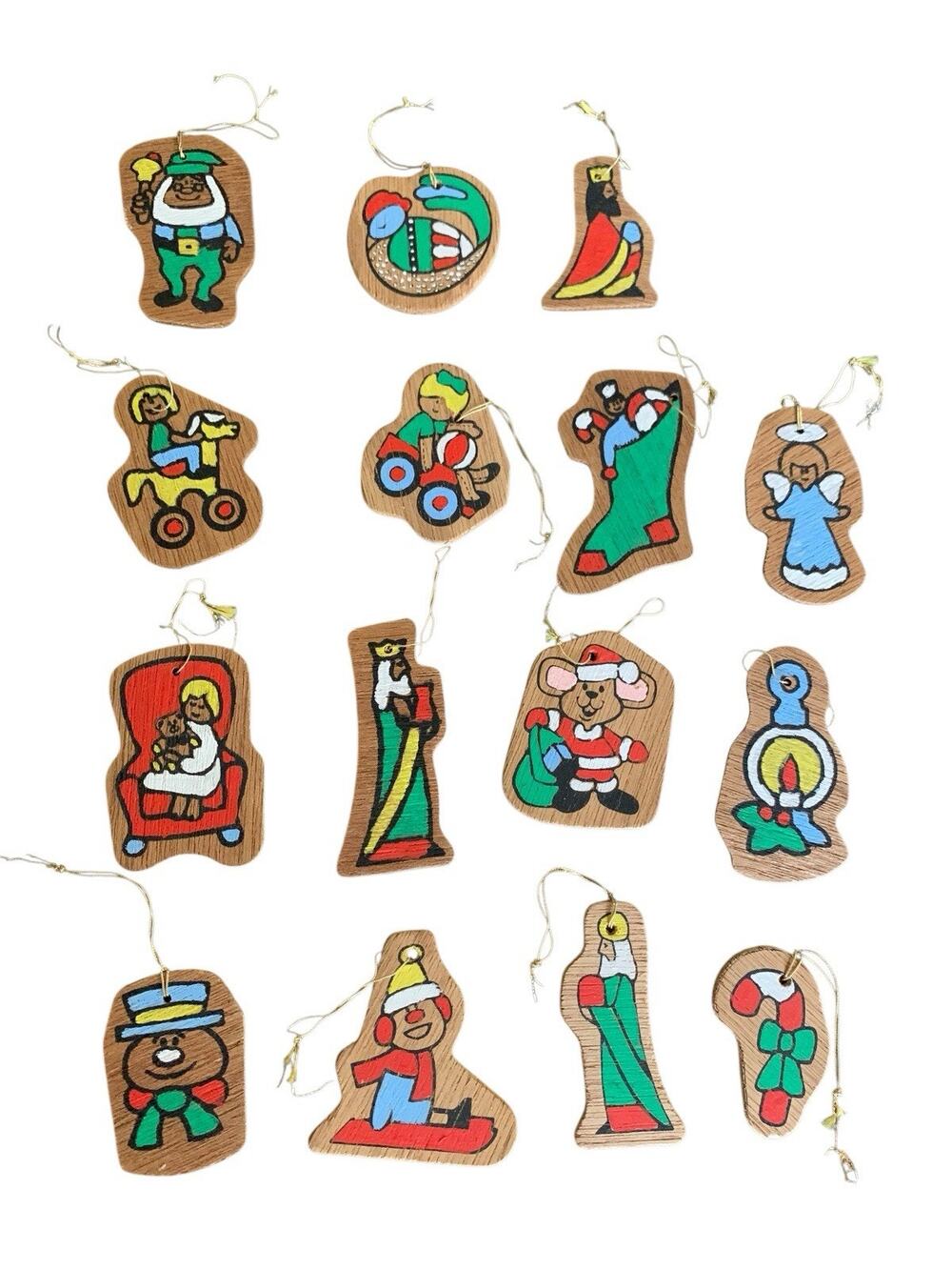 Lot of 17 Vintage Flat Wood Christmas Holiday Ornaments Double Sided